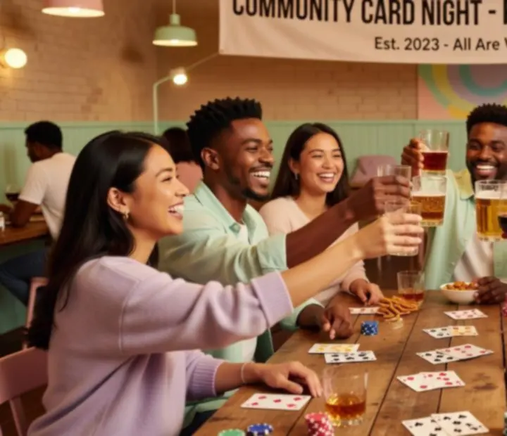Community moment bij een kaartclub waar leden samen lachen en kaarten
