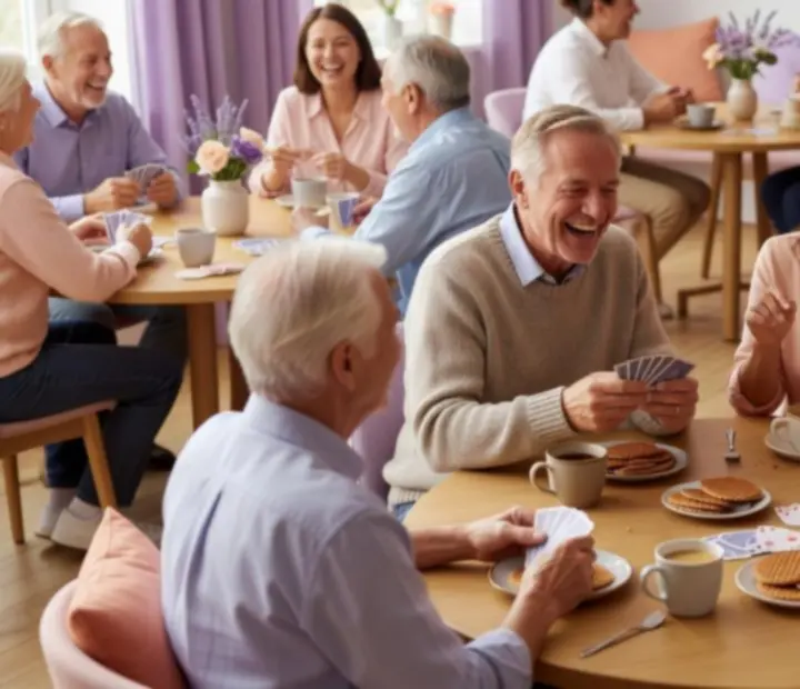 Vrienden die lachen rond een kaarttafel tijdens een kaartclubavond