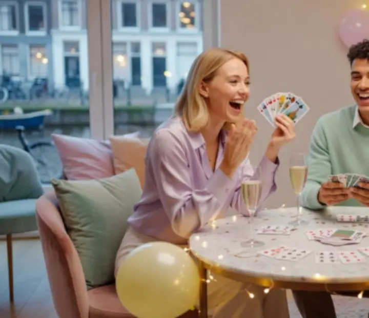 Jonge mensen lachen en spelen kaarten tijdens een kleurrijk evenement