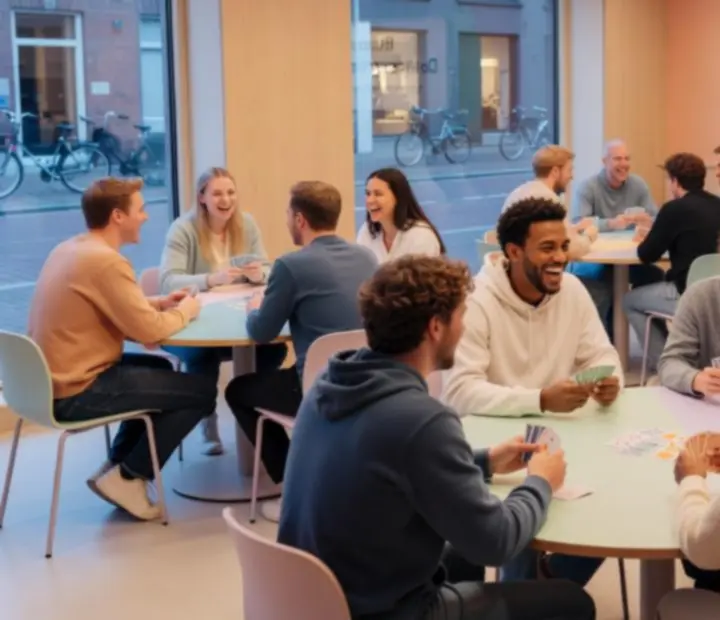 Jonge volwassenen aan een feestelijke kaarttafel tijdens een sociale pokeravond
