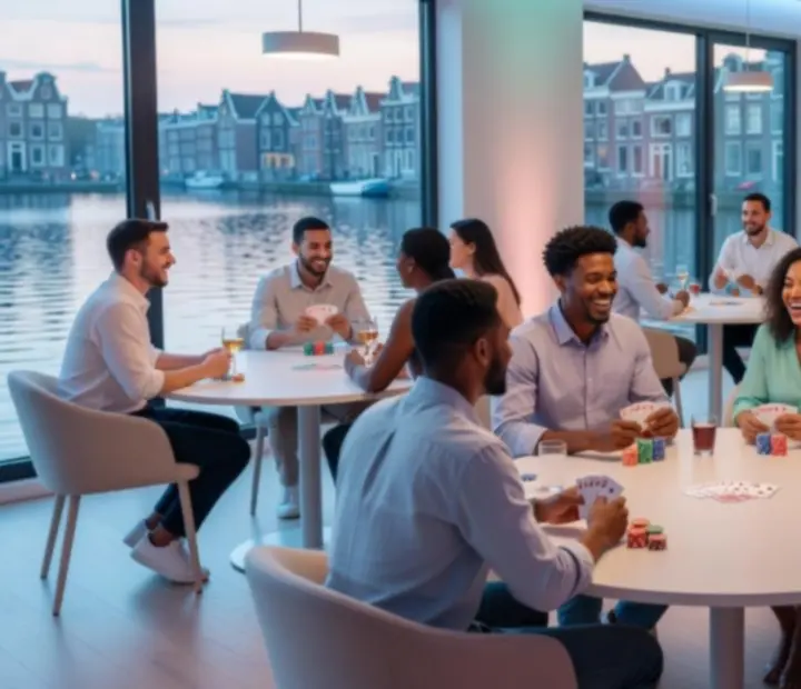 Jonge volwassenen tijdens een kleurrijk poker- en casino-style evenement