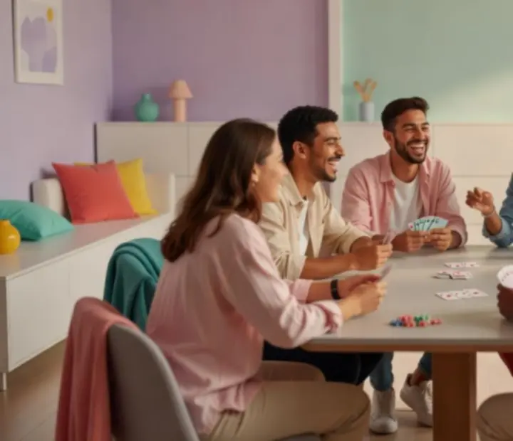 Groep jonge volwassenen die lachen rond een pokertafel tijdens een gezellige avond