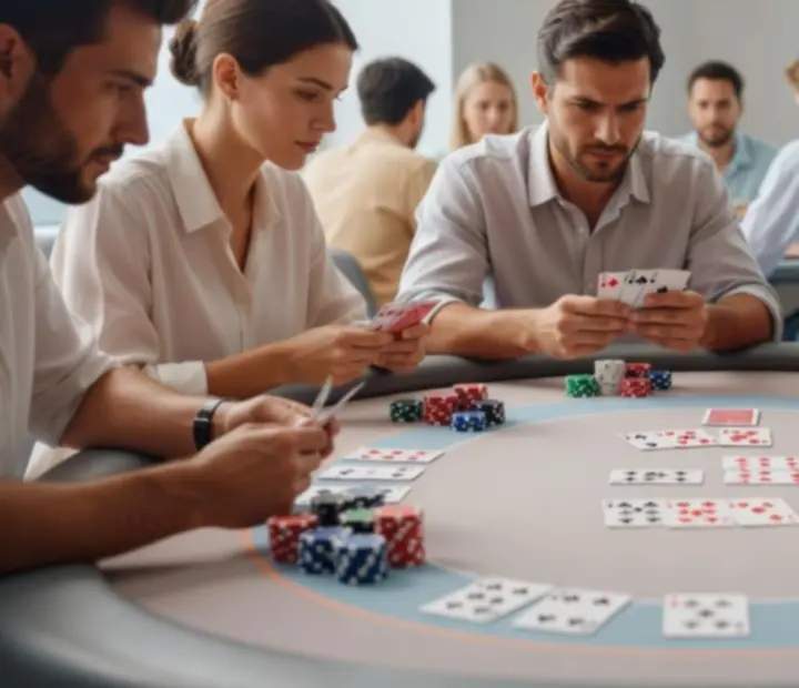Recreatieve pokertafel met kleurrijke fiches en kaarten tijdens een toernooi